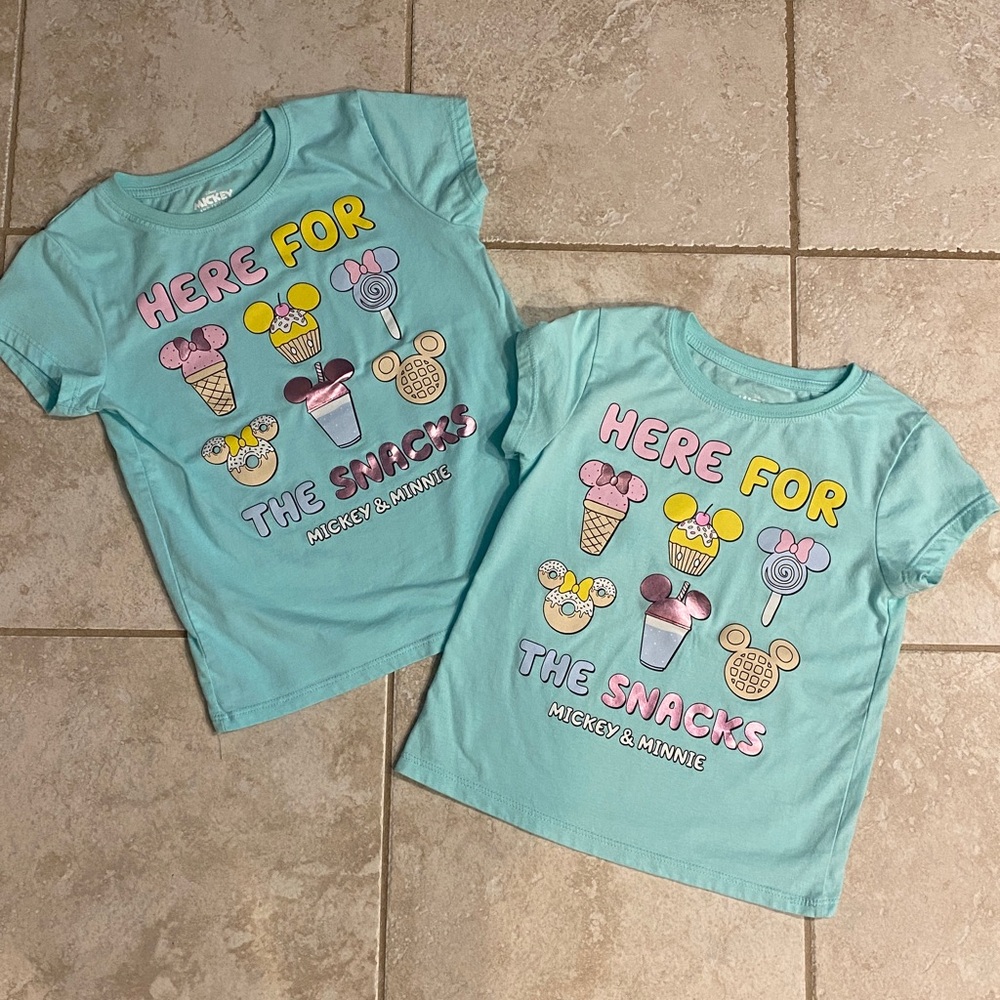 2 Disney Mickey & Friends “Here for the Snacks” sister set of t-shirts sm & med